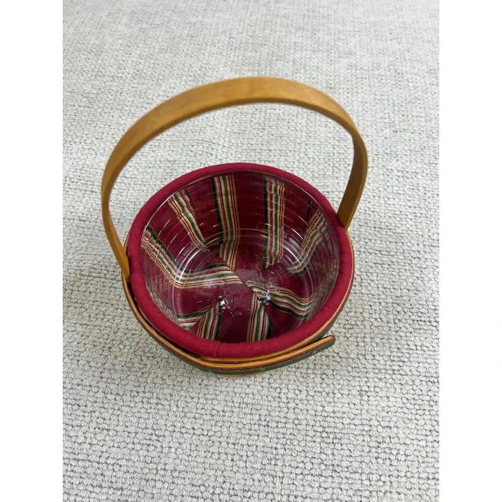 Longaberger Small Round Basket‎ 2005 Red Green Striped Liner Plastic Protector